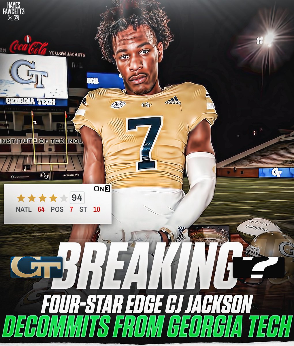 BREAKING: Four-Star EDGE CJ Jackson tells me he has Decommitted from Georgia Tech The 6’3 225 EDGE from Tucker, GA is ranked as a Top 65 Player in the ‘24 Class (per On3) The Top Uncommitted EDGE holds 22 offers including Georgia, Colorado, Alabama, Clemson, & others