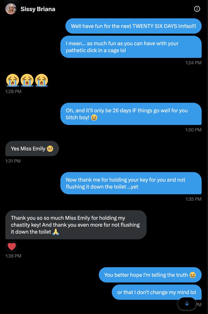 MissEmily0965's tweet photo. I still can't believe @BrianaElliot1 voluntarily locked his dick in a tiny pink cage and mailed me the key. Only a complete loser would ever do something like that. Have fun sitting around wearing panties with your caged dick for the rest of the month HAHAHAHAHA! https://t.co/5Btj6QCa6C