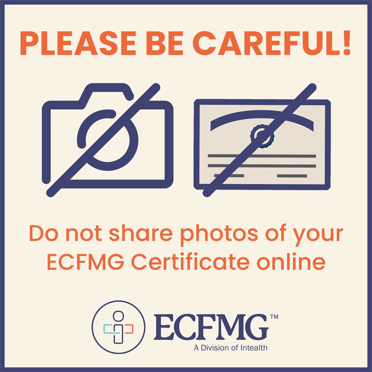 We know it's exciting and a big accomplishment to receive your ECFMG Certificate! Please be careful about sharing photos of your certificate online to celebrate. Your certificate contains personal information that should be kept private and secure.