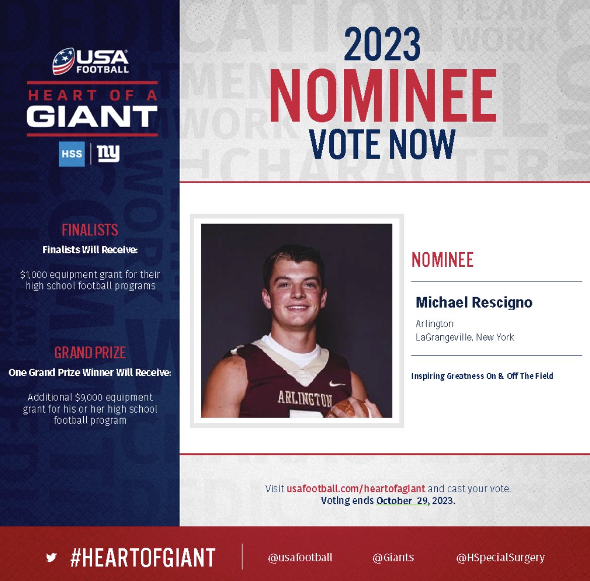 What a tremendous honor for our guy <a href="/Mikey_Rescigno3/">Michael Rescigno</a>. Michael is a clear embodiment of our program philosophy, both on and off the field. GET THOSE VOTES CAST and help him get the W. Repeat vote every 24 hours. usafootball.com/hoagvote/ <a href="/StephenHaynes4/">Stephen Haynes</a> <a href="/KDJmedia1/">Kevin Devaney Jr.</a> <a href="/ArlingtonCSD/">Arlington Schools NY</a> ⚓️🏈