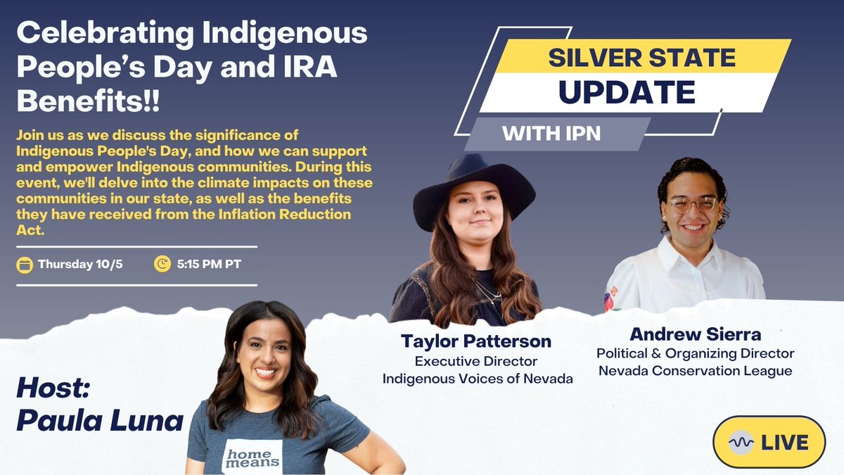 ProgressForNV's tweet image. It&apos;s happening TODAY! Join us @ 5:15 PM PT to discuss the significance of Indigenous People’s Day and the positive influence of the Inflation Reduction Act on Indigenous communities. Come celebrate, learn, and uplift #ClimateActions! 💫 youtube.com/watch?v=el6jTW…