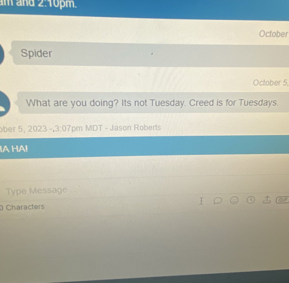 jasonrobertsss's tweet photo. . @Lieutenant_Eric @nielsonTSN1260 Played Creed to kick off show today and this is the text I get from Colin.  LOL https://t.co/t9PlfY8Wad