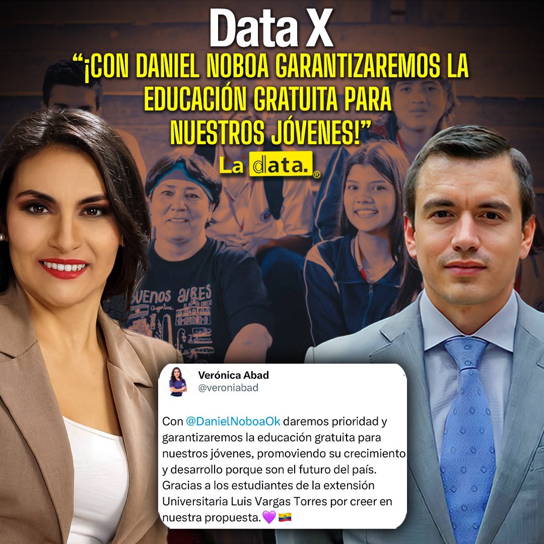 ElDatoEcua's tweet image. #DataX “¡CON DANIEL NOBOA GARANTIZAREMOS LA EDUCACIÓN GRATUITA PARA NUESTROS JÓVENES!”

La candidata a la vicepresidencia del movimiento ADN, Verónica Abad, manifestó “Con Daniel Noboa daremos prioridad y garantizaremos la educación gratuita para nuestros jóvenes, promoviendo su…