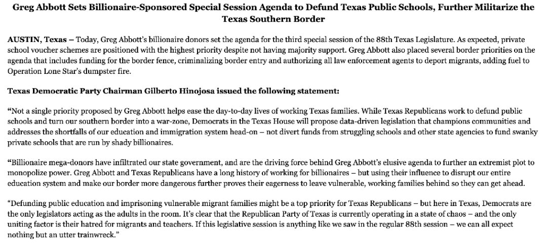 scottbraddock's tweet photo. The @texasdemocrats blast Abbott's special session agenda: 
“The Republican Party of TX is currently operating in a state of chaos – and the only uniting factor is their hatred for migrants and teachers."  #txlege https://t.co/sh6Mnspwj6