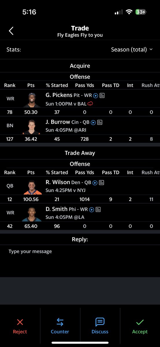 CSeida25's tweet photo. @DBro_FFB what do you think of this trade? I also have Diggs, Nacua and Lockett so feel like trading smith and Wilson might not be so bad https://t.co/7TvNI5xPjG