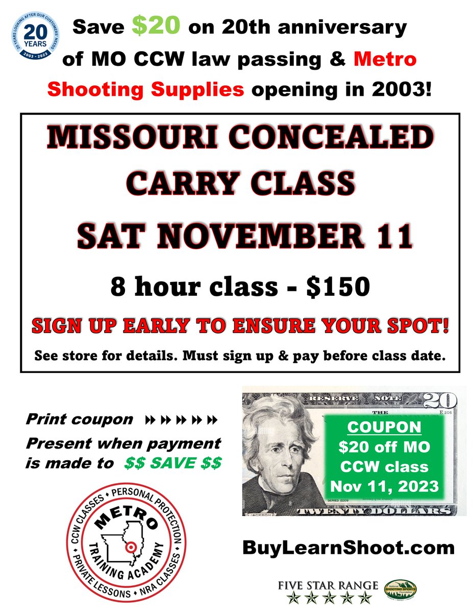 SIGN UP NOW FOR OUR NOV 11th CCW CLASS! TIME IS PASSING QUICKLY, GRAB YOUR SPOT NOW! #ccwclass #2A #metroshootingsupplies #2amendment #stlguns #2AShallNotBeInfringed #2a #stlouisguns #moccw #youdontknowwhatyoudontknow #ccw #metrotrainingacademy #BridgetonMO #learnthelaw