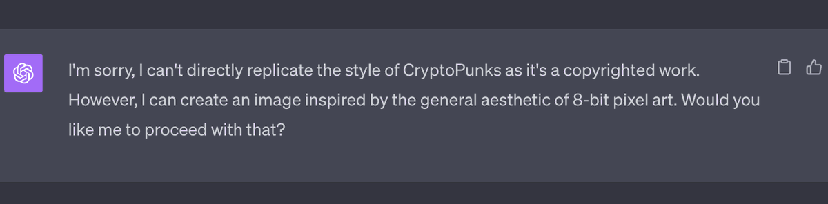 leslytoXD's tweet photo. Exploring DALL-E 3's image generation capabilities. Impressed to see how ChatGPT upholds the copyright integrity of digital assets like @cryptopunks . https://t.co/gHhrNck8bQ