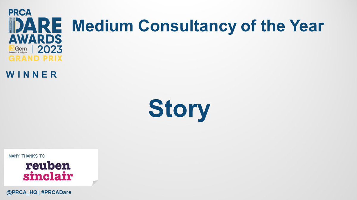 🥂👏 And the winner of tonight’s Medium Consultancy Award - sponsored by @ReubenSinclair - goes to @Story_Comms. Amazing work! #PRCAdare