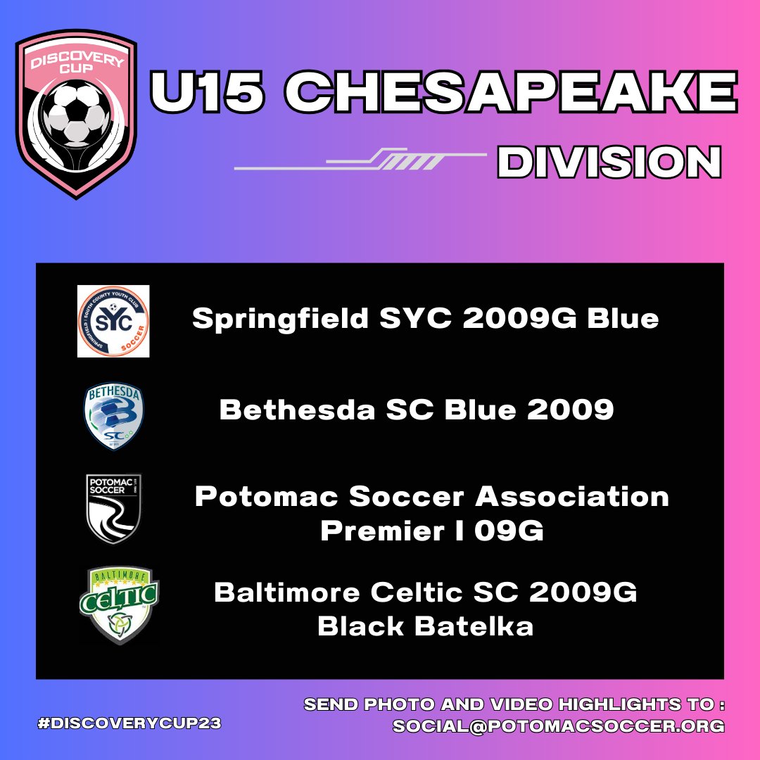 PotomacTourney's tweet photo. Rounding out this year's #DiscoveryCup23 are our U15-U19 teams! Good luck to all of the teams competing!

#TournamentSoccer #DMVSoccer #WoSo #PotomacSoccer #MDUnited #WeAreBethesda #FCPittsburgh #FCGB #McLeanSoccer #SYCSoccer https://t.co/UhAjceUmOz
