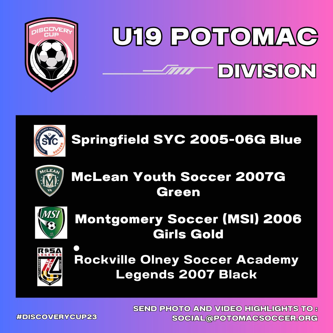 Rounding out this year's #DiscoveryCup23 are our U15-U19 teams! Good luck to all of the teams competing!

#TournamentSoccer #DMVSoccer #WoSo #PotomacSoccer #MDUnited #WeAreBethesda #FCPittsburgh #FCGB #McLeanSoccer #SYCSoccer