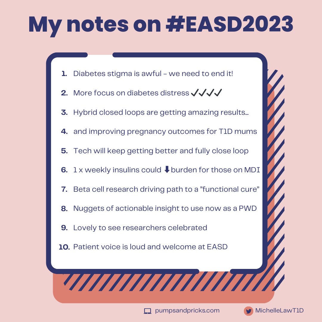 I've been following #EASD2023 entirely through social media this week and this is what I've taken away (I have #T1D so more focused on that, this isn't meant to summarise the whole conference!). Thanks to #dedoc for sharing everything! I'll write up more soon! #gbdoc