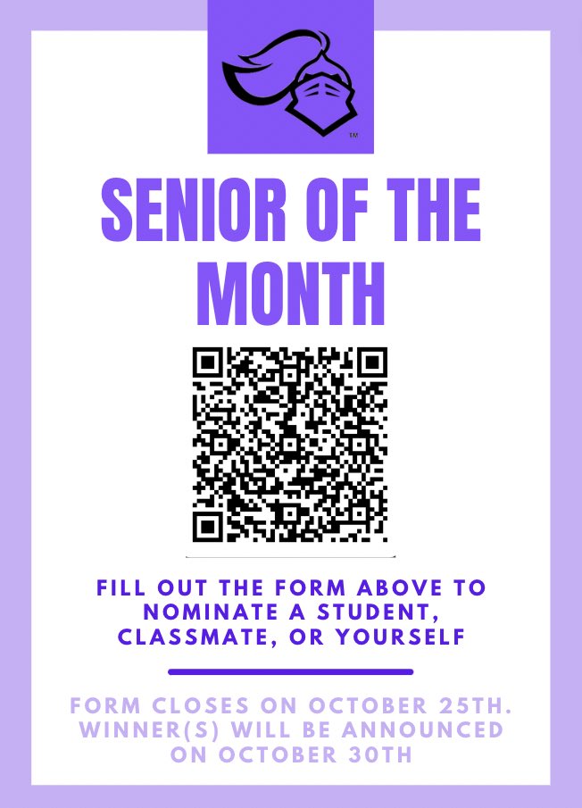 The October Senior of the Month form is open!! Submit a nominee by October 25 for a chance at honoring an exceptional senior!
forms.office.com/Pages/Response…