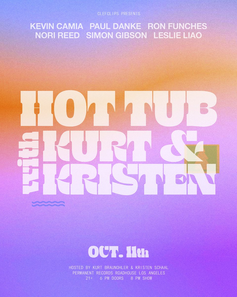 Next HOT TUB is October 11th at @Permanent_LA
w/ #LeslieLiao @kevincamia #RonFunches @simeygibson @pauldanke @realnorireed 
Discount/online tix for Wednesday night: cleftclips.ticketsauce.com/e/hot-tub-with…