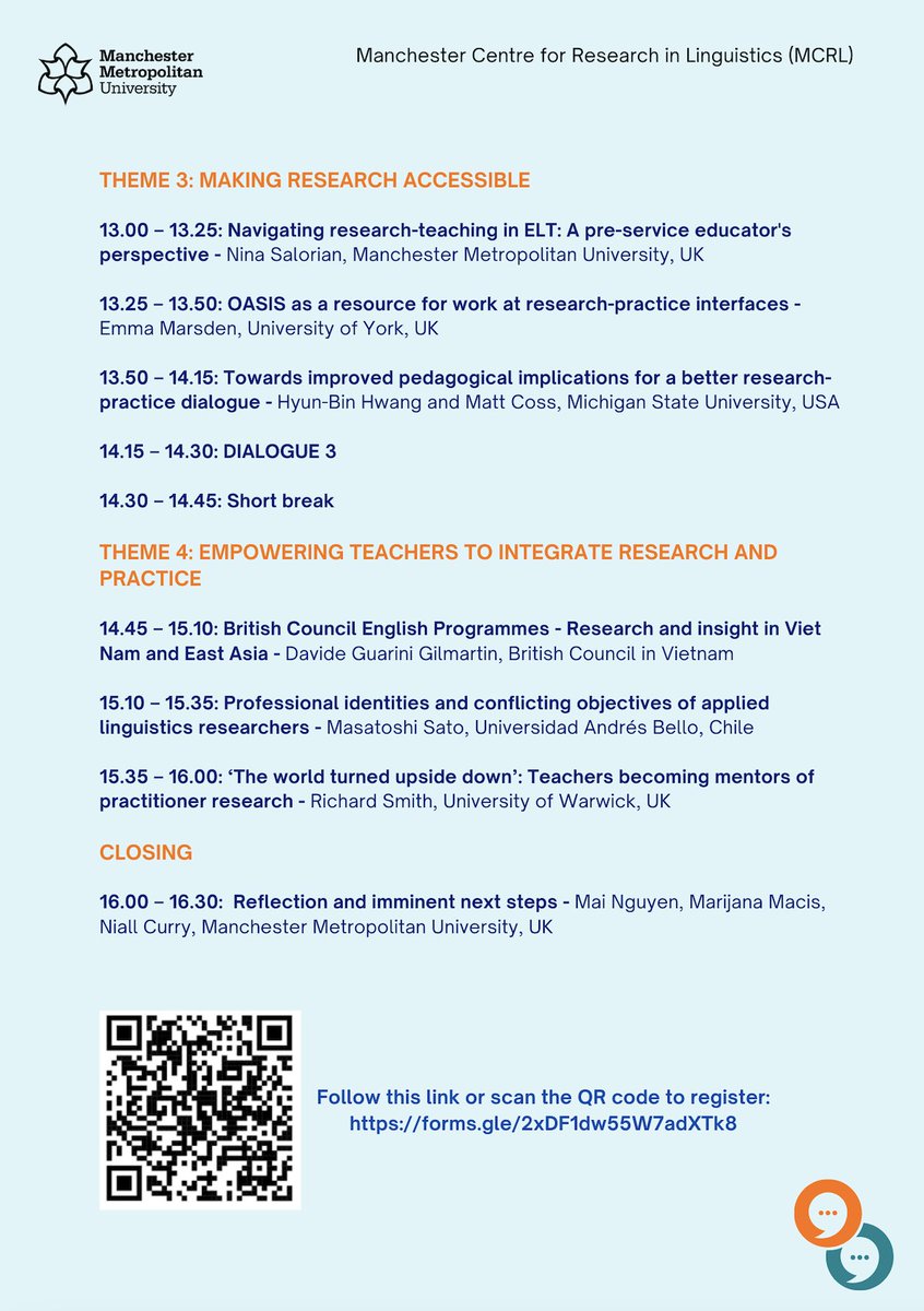 Free online 1-day symposium (13 October) “Transcending Boundaries: Fostering an Open Research-Teaching Dialogue in English Language Teaching (ELT)” organized by <a href="/MCRLinguistics/">Manchester Centre for Research in Linguistics</a> 
Abstracts: tinyurl.com/symposiumasbtr…
Register here: forms.gle/31Q5NBZamTT7Bx…
<a href="/IATEFLResig/">IATEFL ReSIG</a> @TESOLacademic