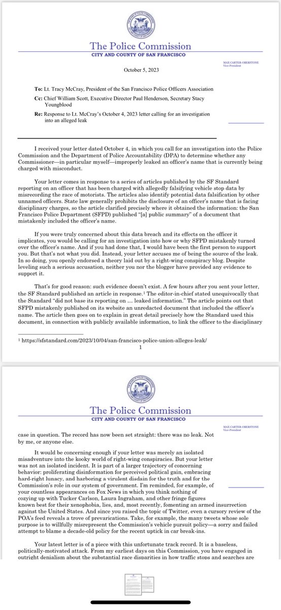 POA Prez has fully embraced the fringe right. She accused me (with 0 evidence) of illegally leaking info to the press. She was repeating a theory she read on a r-wing conspiracy blog. The Commission will not be intimidated by these baseless attacks. My full response: