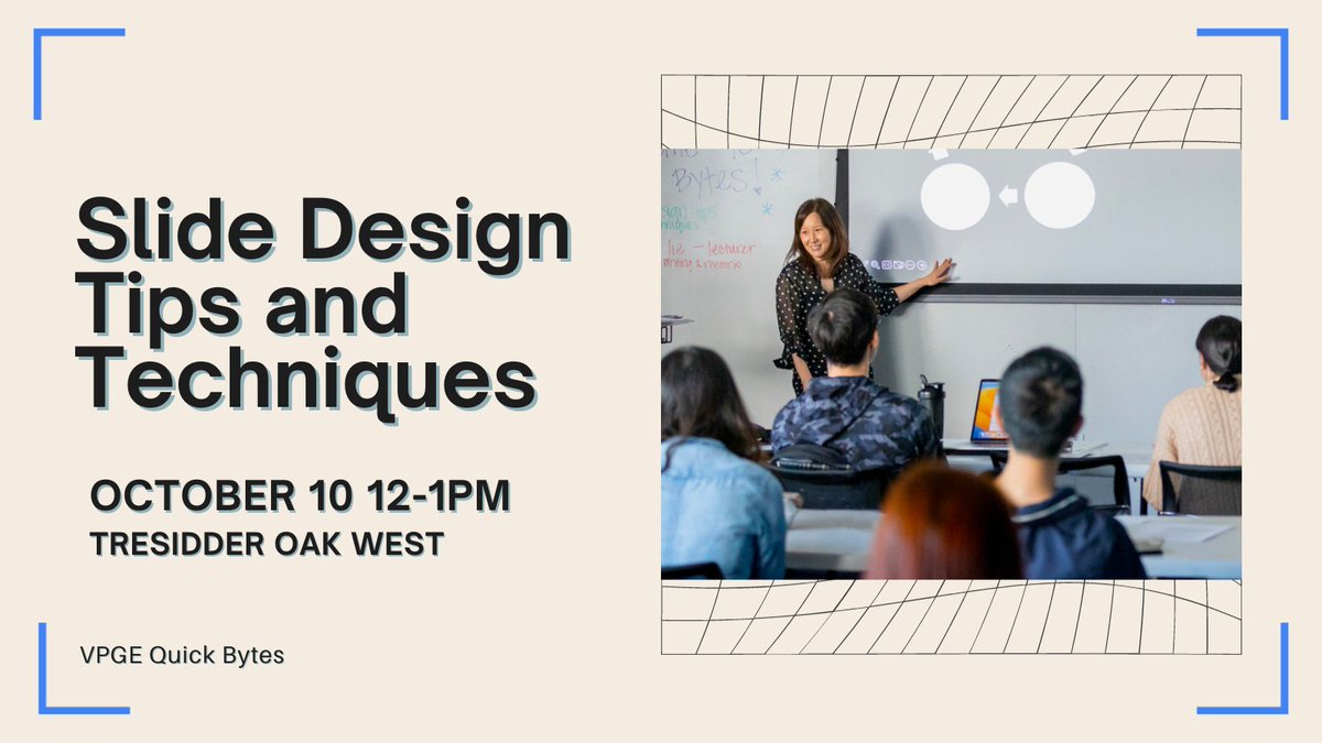 Join our Quick Bytes session to elevate your presentations!🚀 Master communication and slide design principles, and slay your next presentation🤩 

WHEN: Oct 10, 12-1pm
WHERE: Tressider Oak West
REGISTER HERE: vpgeapps.stanford.edu/app/quickbytes…