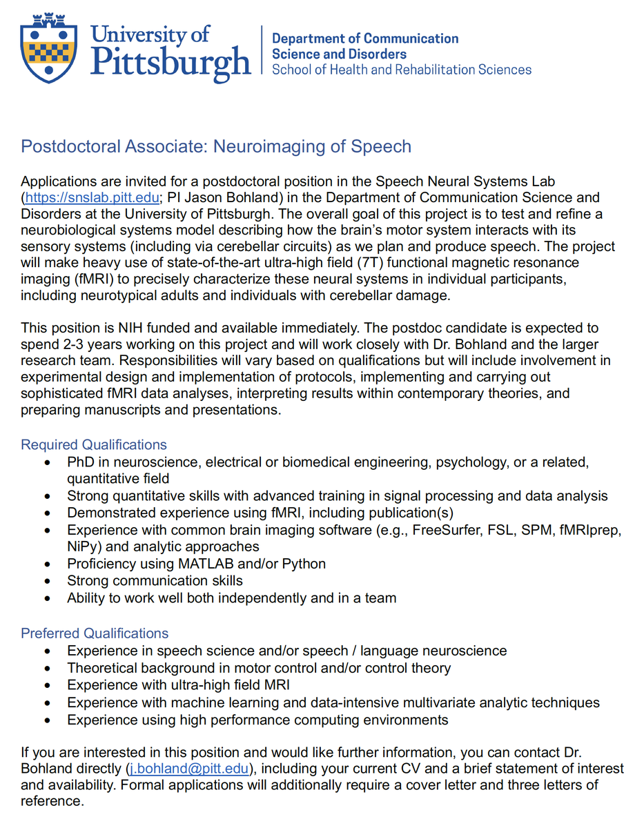 My lab @pittcsd has an immediate opening for a postdoc with specific expertise in fMRI.  This position is funded by a recent NIH R01 award (🍾) to study how we prepare our auditory system as we plan and produce speech. More info: snslab.pitt.edu/opportunities.