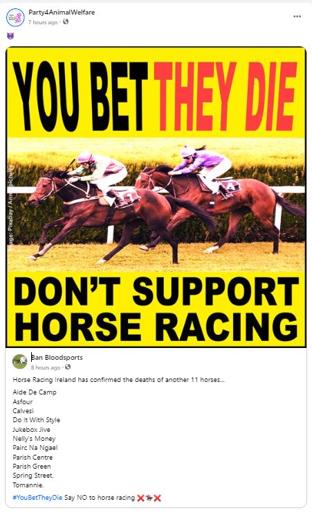 AnimalPartyIE's tweet photo. 👿 Horse Racing Ireland has confirmed the deaths of another 11 horses...
#AideDeCamp
#Asfour
#Calvesi
#DoItWithStyle
#JukeboxJive
#NellysMoney
#PaircNaNgael
#ParishCentre
#ParishGreen
#SpringStreet,
#Tomannie.
#YouBetTheyDie #SayNOtoHorseRacing https://t.co/j1xUhYvVgy