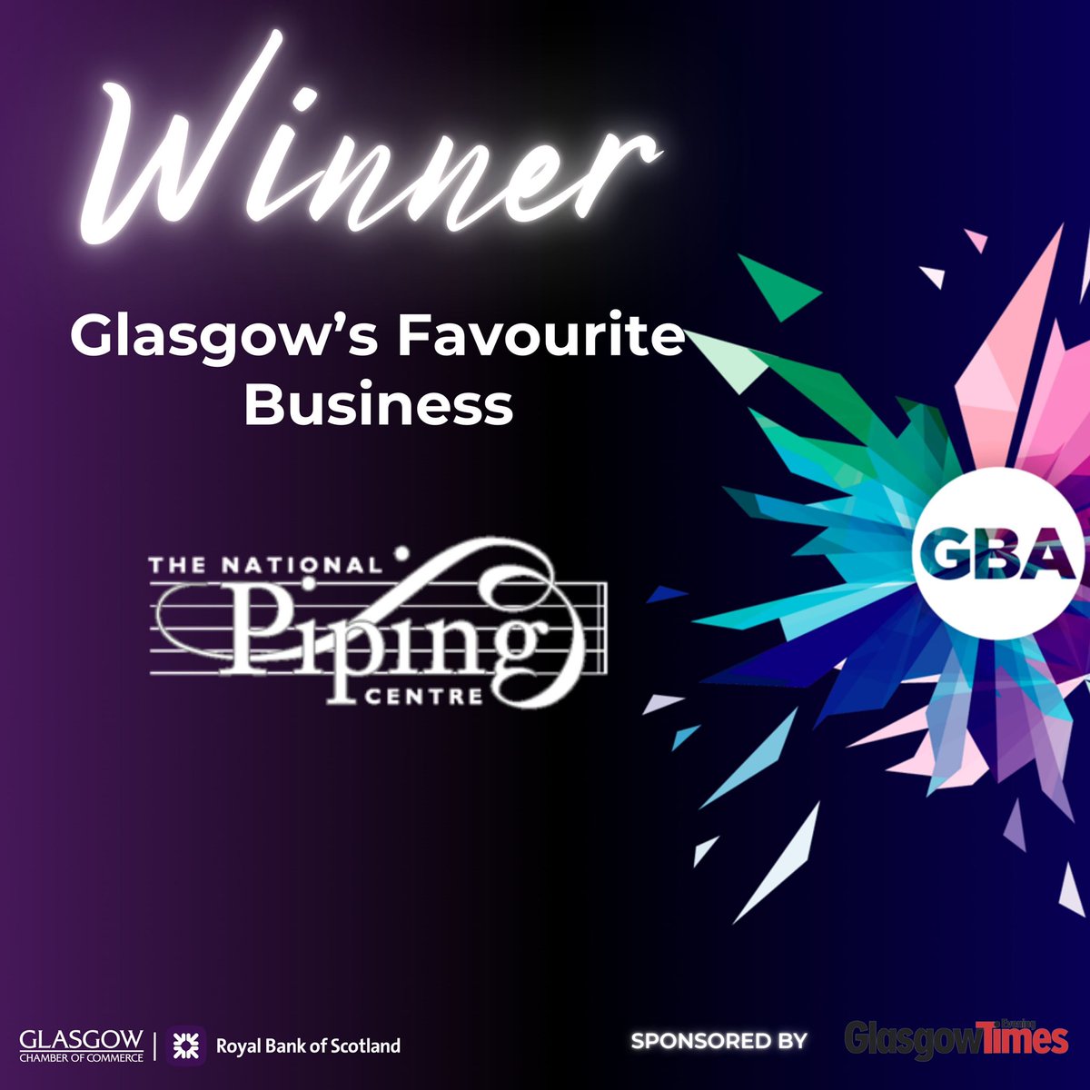 GlasgowBusAward's tweet photo. Winner of Glasgow’s Favourite Business sponsored by @Glasgow_Times #GBASilver  🏆 CONGRATULATIONS @ThePipingCentre 🏆 https://t.co/iRuL48c5JE