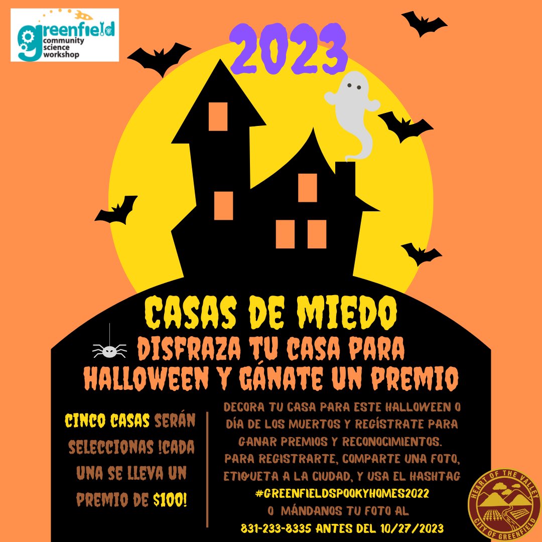 Halloween Contest 🎃! Decorate your house this Halloween season for a cash prize‼️ Make sure you use #greenfieldspookyhomes2023 in your caption or send us a message  831-233-8335 before 10/27/23🎃🍂👻