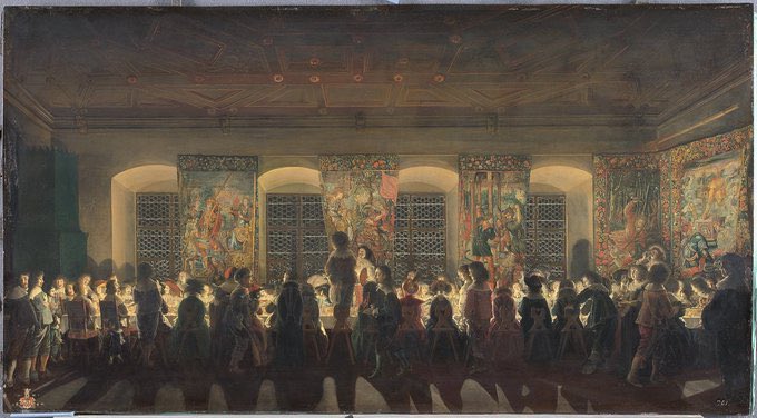 jdmccafferty's tweet photo. As the days shorten.  This evokes so well the quality of artificial light in the period with its ever-present shadow and darkness.  Banquet at Night by Wolfgang Heimbach, 1640. (Kunsthistorisches Museum Wien)  The gathering was in the Knights’ Hall of Vienna’s Hofburg Palace. https://t.co/T7FotrLdhD