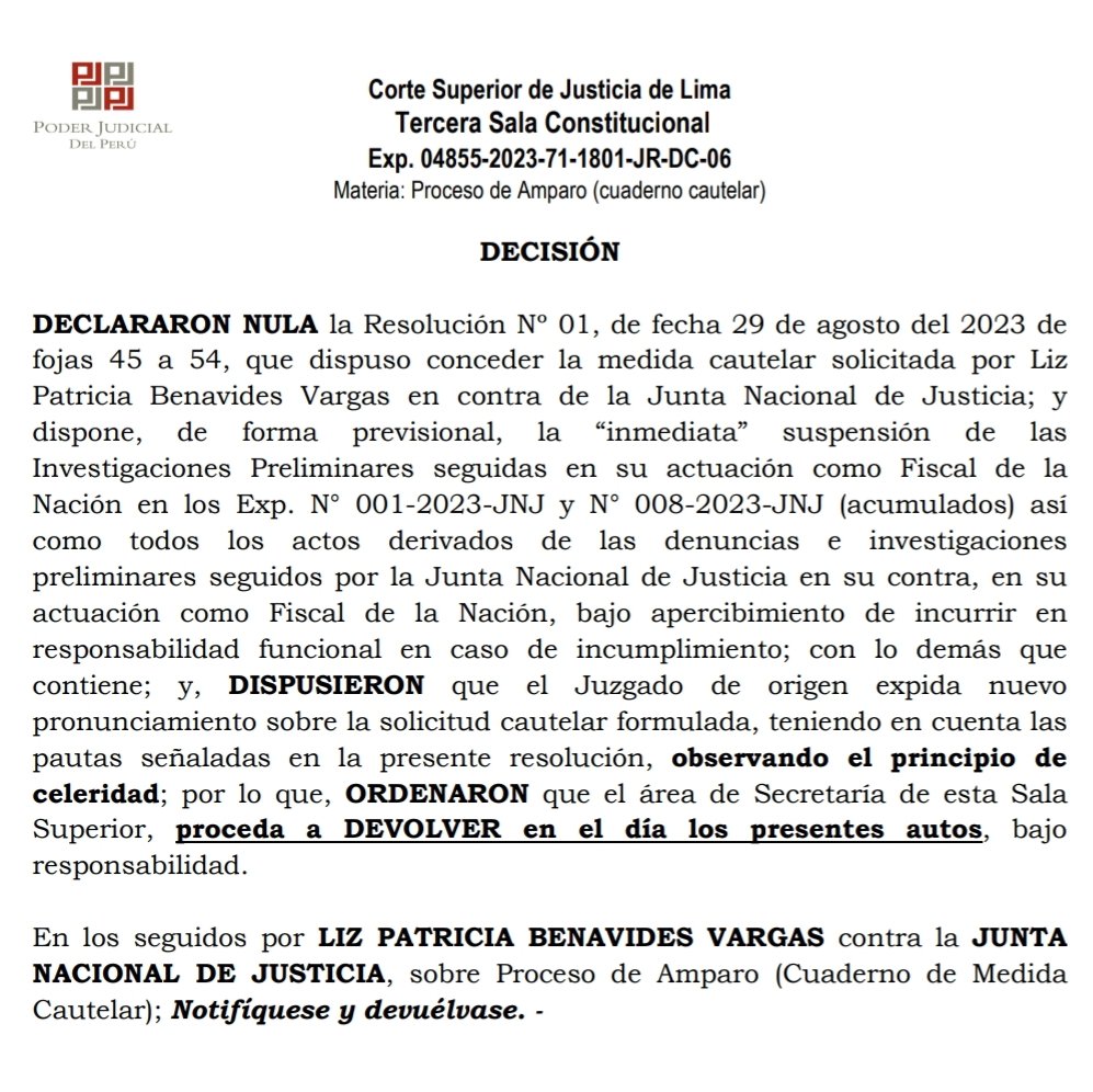 #LOULTIMO Poder Judicial declara nula la resolución que ordenaba la suspensión de las investigaciones de la Junta Nacional de Justicia a la Fiscal de la Nación por considerar que esa decisión no estaba bien fundamentada @RPPNoticias