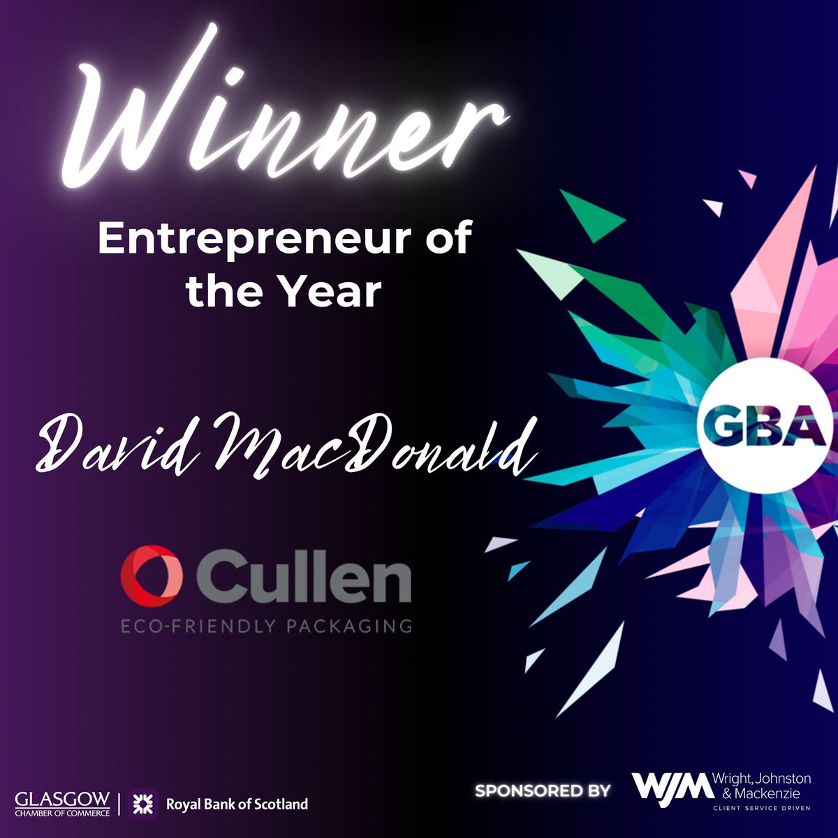 GlasgowBusAward's tweet photo. Winner of Entrepreneur of the Year sponsored by @WrightJohnston #GBASilver  🏆CONGRATULATIONS David MacDonald of @CullenPackaging 🏆 https://t.co/agmtFpAgGL
