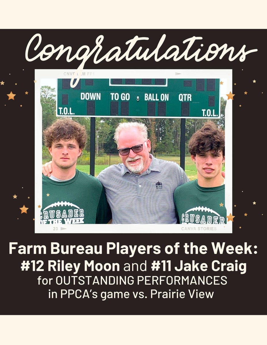 PpcaNews's tweet photo. 💚PPCA💚 congratulates Farm Bureau🏆Players of the Week🏆seniors ⭐️Jake Craig⭐️and ⭐️Riley Moon⭐️ for their outstanding performances in last week’s game!  @coachjcook  @StaceySykes15 https://t.co/KXPg4MCuZS