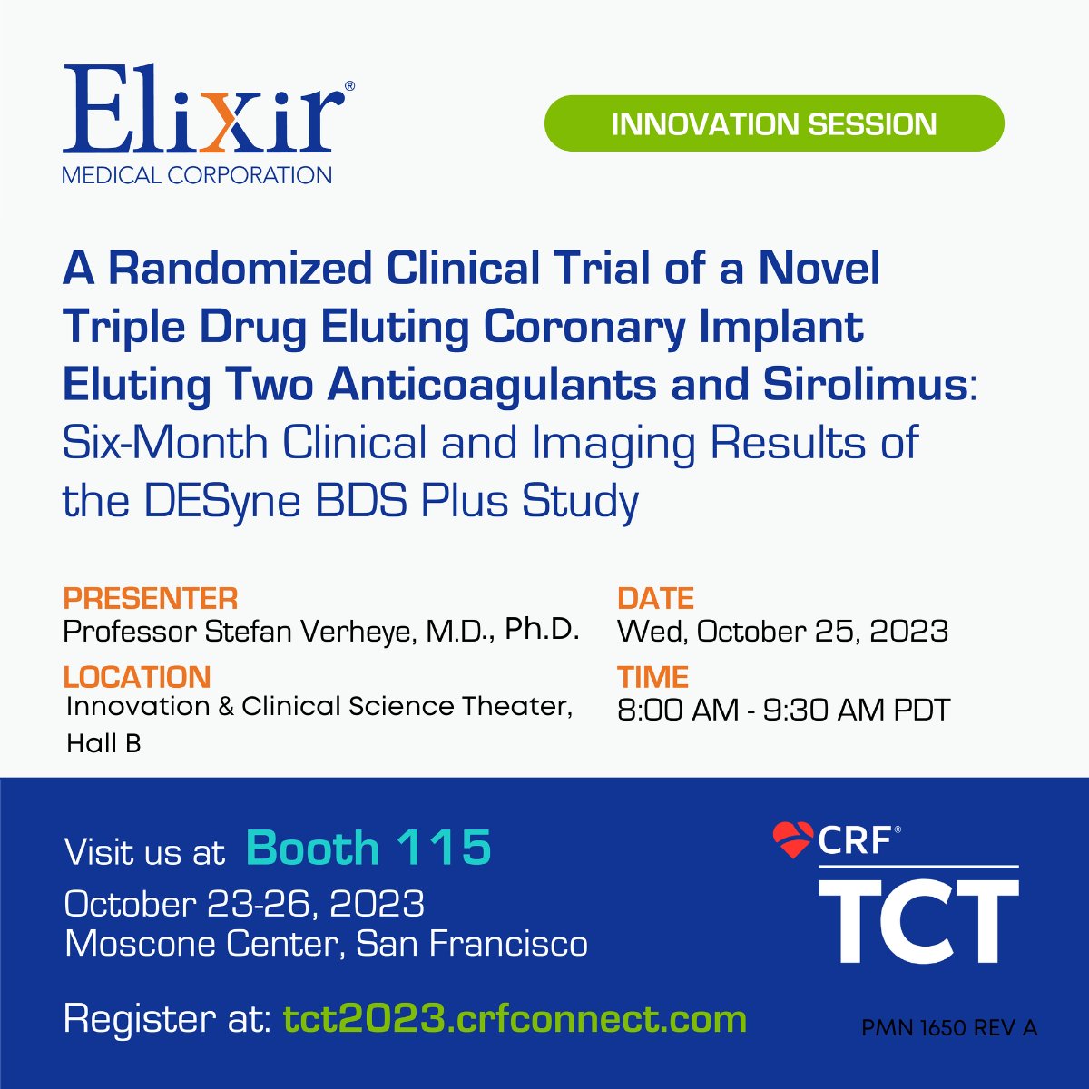 ElixirMed's tweet photo. We’re pleased to announce our 8 presentations, including new data on our latest innovation DESyne® BDS Plus, at #TCT2023.

Meet us at booth 115 and learn how we’re transforming care for patients with heart and #VascularDisease.

https://t.co/FnKXzTeC9X https://t.co/ApwiADoho1