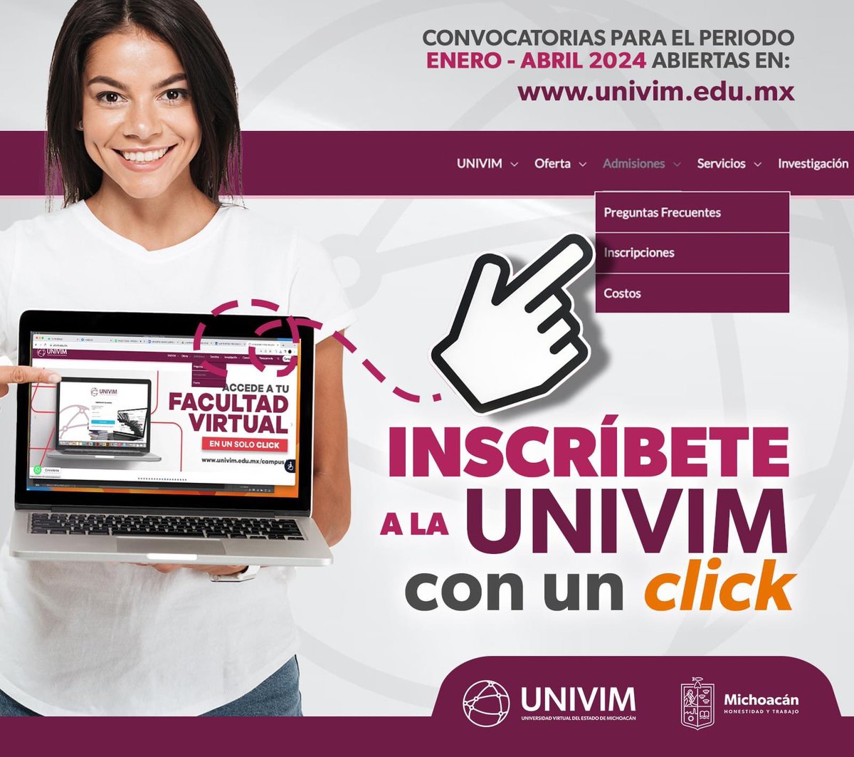 UNIVIMoficial's tweet photo. ¡Inscripciones abiertas cuatrimestre Enero-Abril 2024!
👉Inscríbete ahora a través de nuestro sitio oficial: https://t.co/hMVyrqB2tq
✍️ No olvides revisar las convocatorias previo a tu registro.
¡Tiempo de trabajo, estudio y descanso!
#ConectaUNIVIM #UNIVIM https://t.co/yIpQqEmzo9