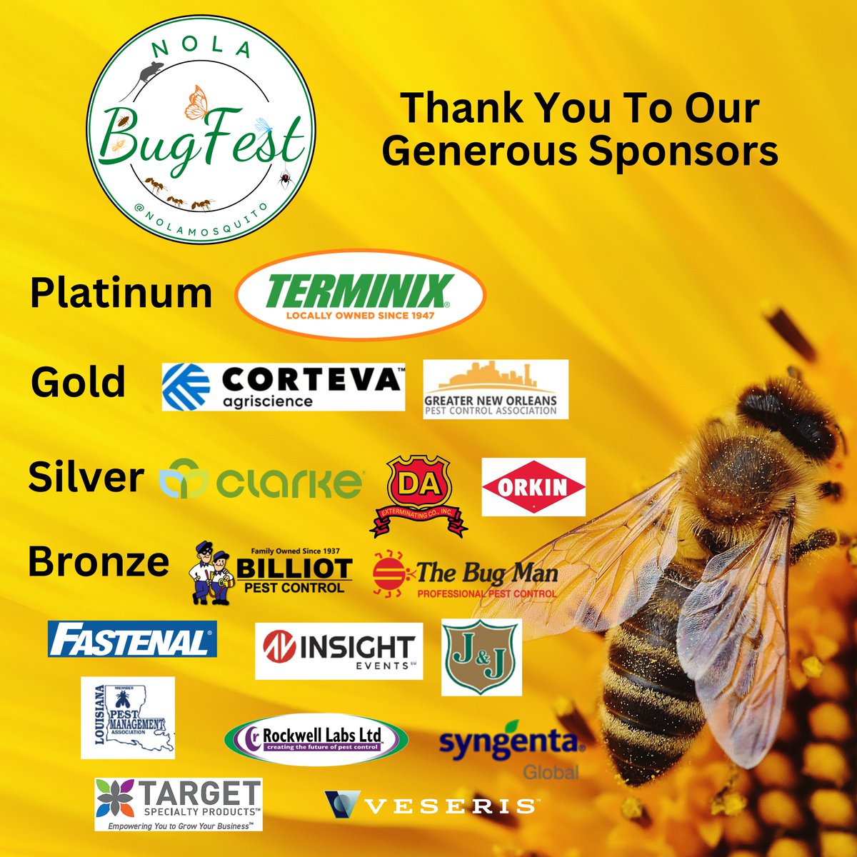 NolaMosquito's tweet photo. BugFest 2023 would not be possible without our generous sponsors.  Visit https://t.co/Clv5qPOx2N to learn more about each sponsor. #9daysuntilBugFest2023 https://t.co/mzxFFWvBDR