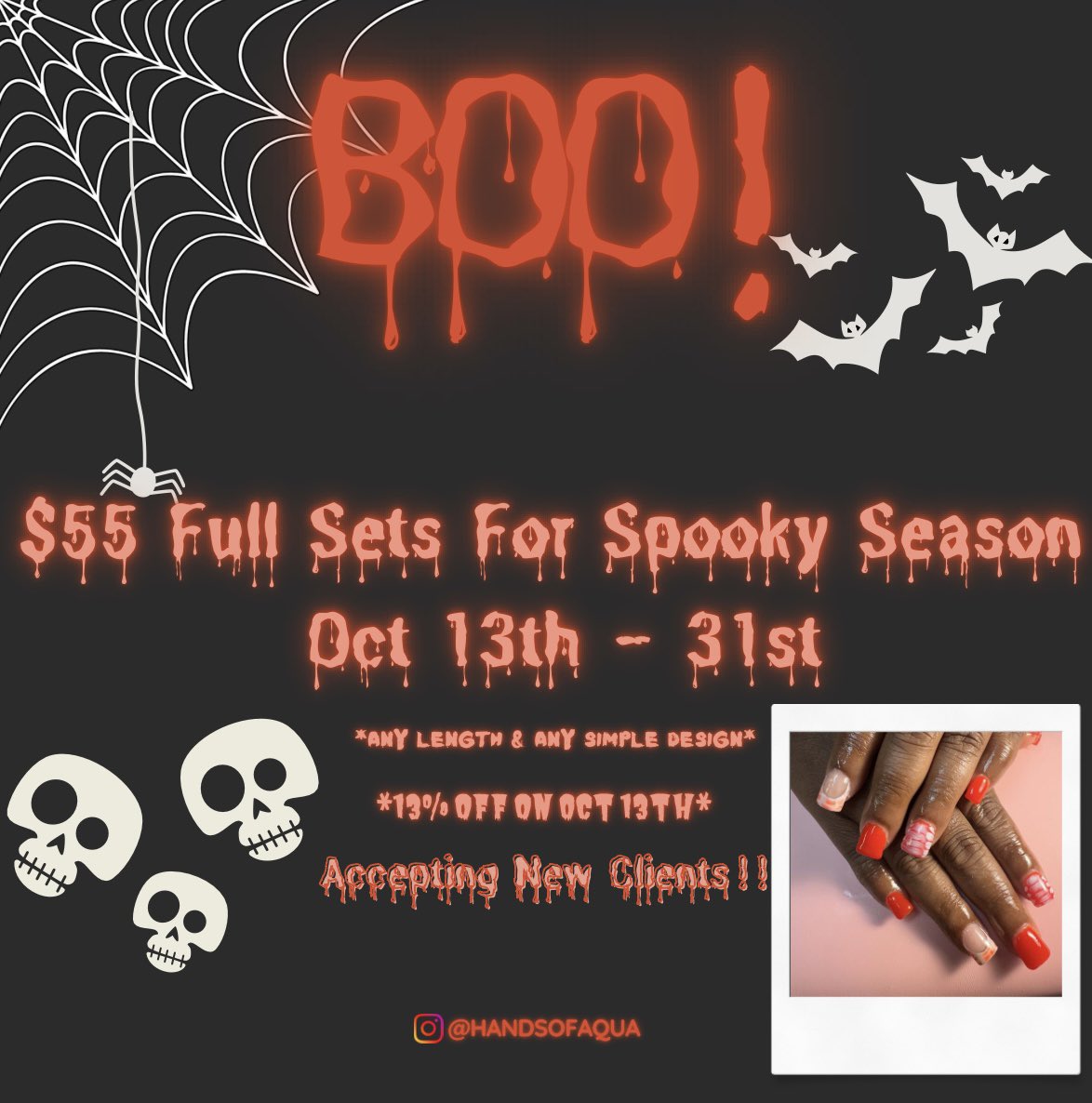 tsomoneey's tweet photo. 🎃SPOOKY SEASON SPECIAL🎃
$55 FULL SETS IN HONOR OF SPOOKY SEASON!!
Any Length &amp; Any Simple Designs !!
Starts Oct 13th - Oct 31st
October books are open !!
Book under *spooky season special*
Book now! Link in bio
Happy Spooky Season #dfwnailtech #arlingtonnailtech #blacknailtech https://t.co/QKmuqvEhvo