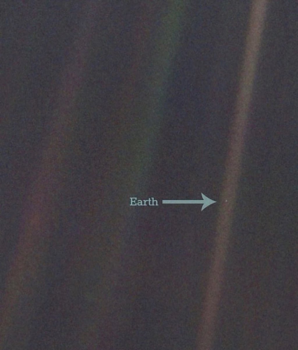 Pale Blue Dot is a photo of Earth that was taken by the Voyager 1 space probe in 1990 from a distance of about 6 billion kilometers (3.7 billion miles) as it was leaving our solar system. This is what Carl Sagan said about the photo: 'Look again at that dot. That's here. That's…