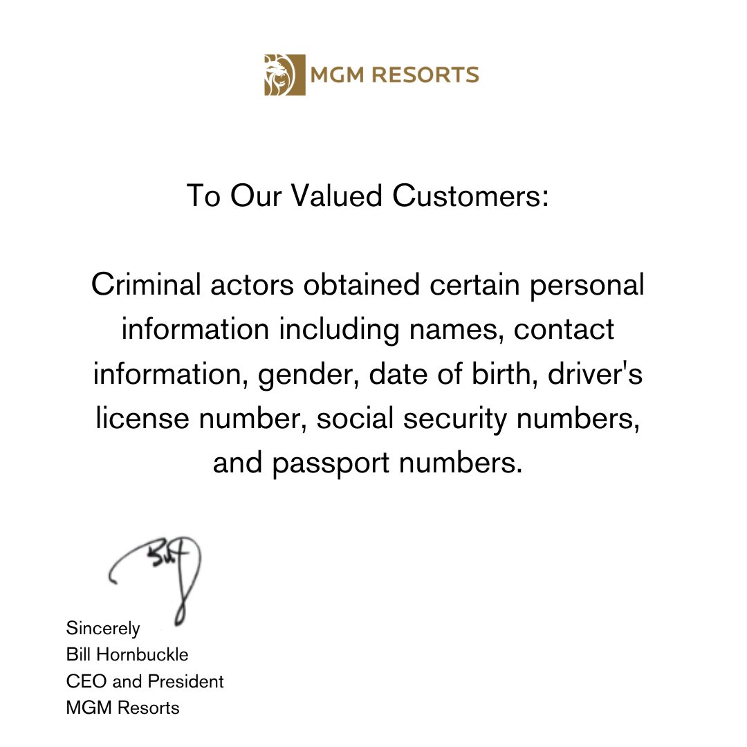 RealVegasLocaIs's tweet photo. Just emailed to all MGM Resorts customers. #lasvegas #mgm #mgmcyberattack #realvegaslocals https://t.co/RjvvvZ84hd