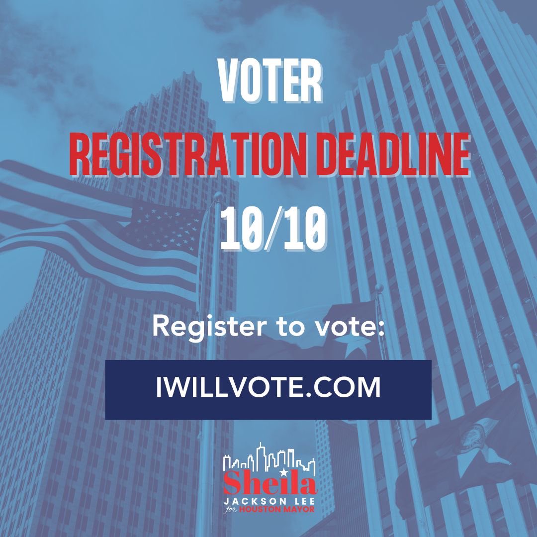 Don't miss out on your chance to make a difference! 🗳️ October 10th is the voter registration deadline. Your voice matters, so register today and let's shape the future of our city together. #RegisterToVote #YourVoiceYourVote #SheilaforHouston #Houston