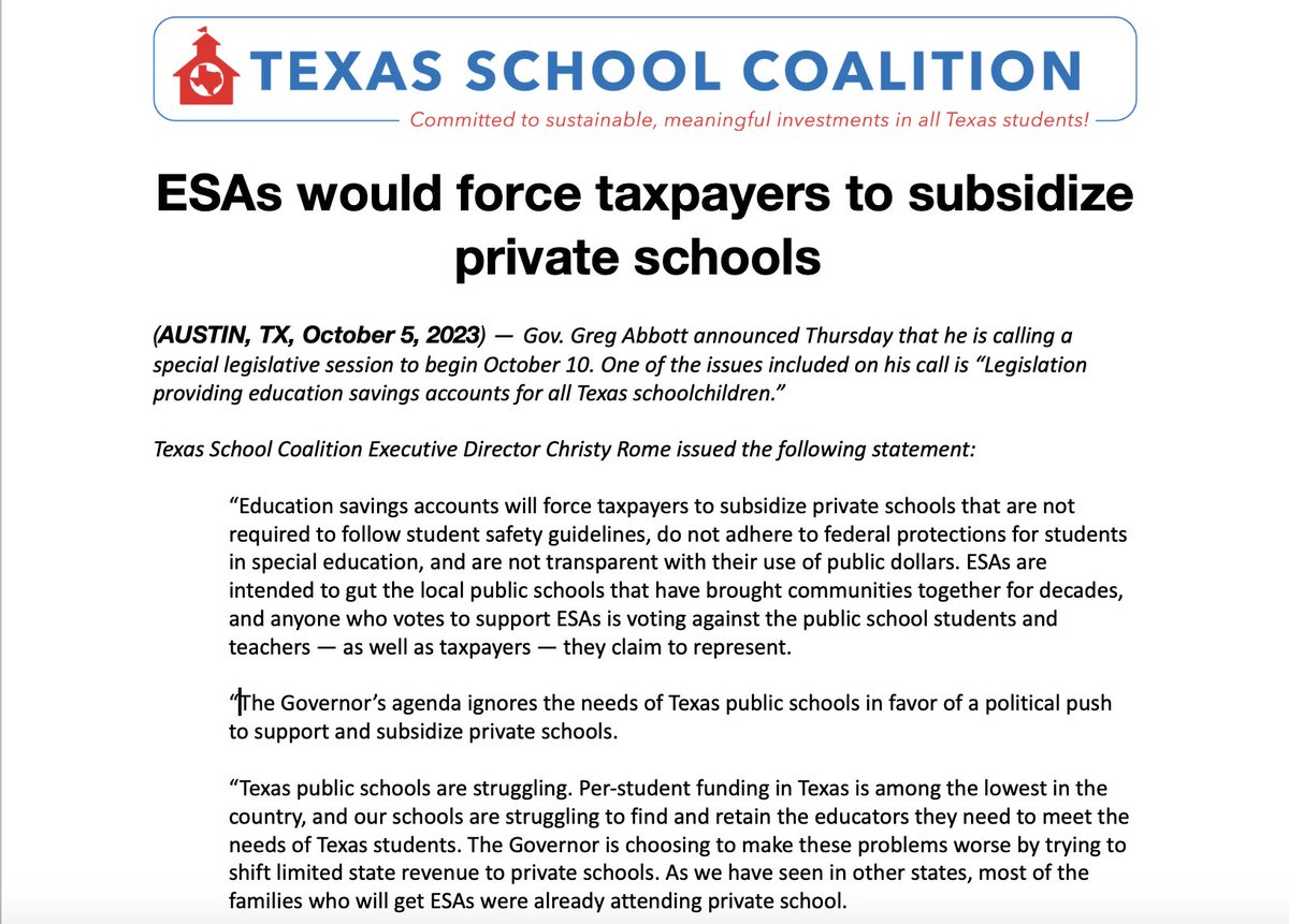 Legislators should unconditionally oppose sending a single dollar to private schools in the form of an ESA or other vouchers. #txlege #txed 
txsc.org/esas-would-for…