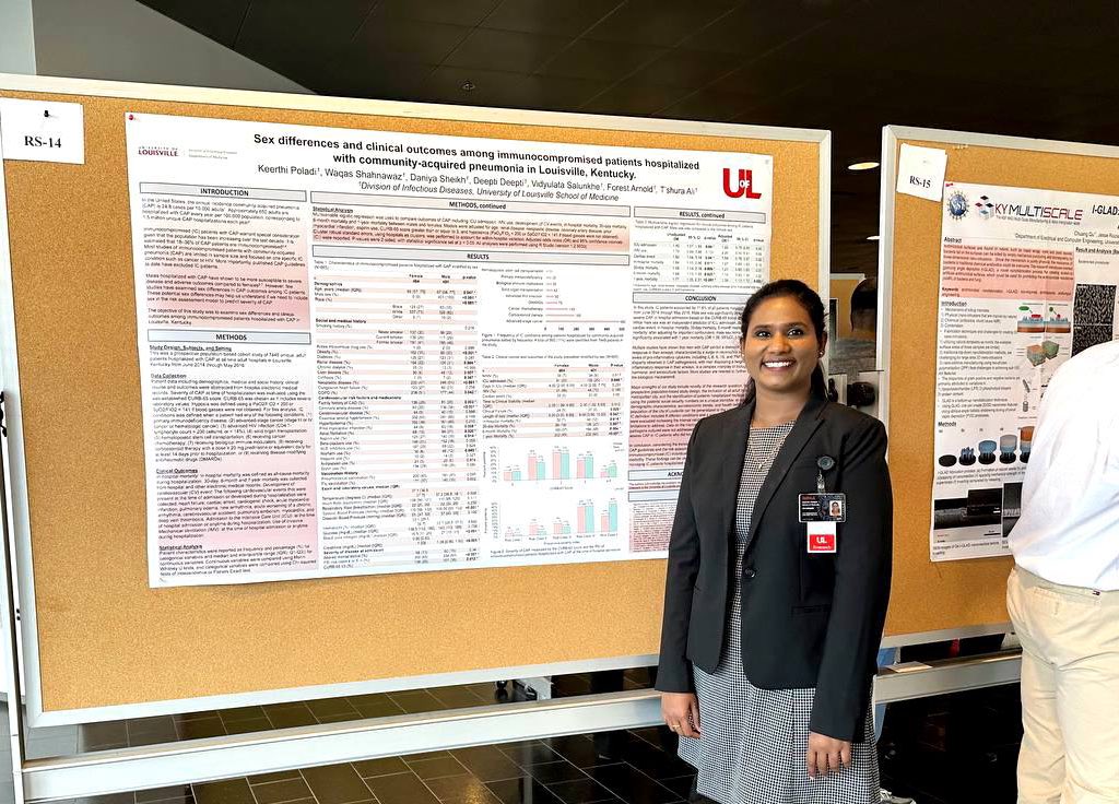 Yesterday, I had the opportunity to present a poster at the Research!Louisville event, focusing on the Sex differences and clinical outcomes among immunocompromised patients hospitalized with community-acquired pneumonia in Louisville, KY. Special thanks to everyone <a href="/UofLDID/">UofL Division of Infectious Diseases</a>