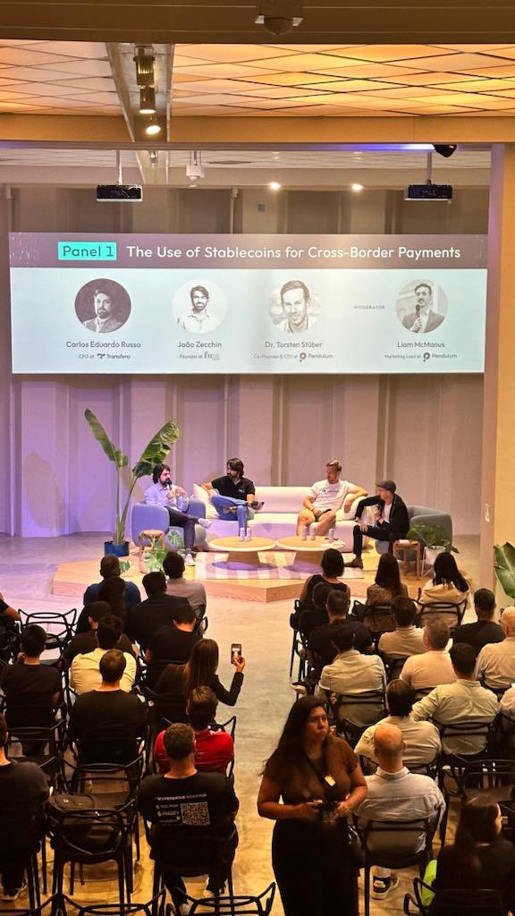 Rio, we're here🇧🇷

On stage now at Global DeFi:

Topic: "The Future of Stablecoins &amp; Borderless Payments"

🎙Speakers:
<a href="/cadufrusso/">Carlos Russo</a>, CFO at <a href="/transferogroup/">Transfero Group</a>
<a href="/joaozecchin/">johnniez.eth 🦇🔊</a>, Founder of <a href="/capital_fuse/">FuseCapital</a>
<a href="/torstenmove/">Torsten Stüber</a>, Co-Founder &amp; CTO at Pendulum
@LiamPendulum, Marketing Lead at Pendulum