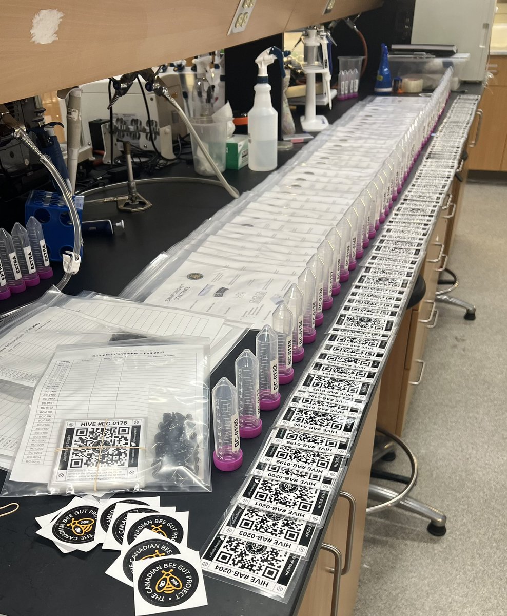 Quick view of some #FALL2023 sampling kits that went out this week, huge levels of engagement from BC #beekeepers! These kits will be used to collect bee samples and monitor #overwintering survival, ultimately improving our knowledge on #microbiome-related health outcomes🍯