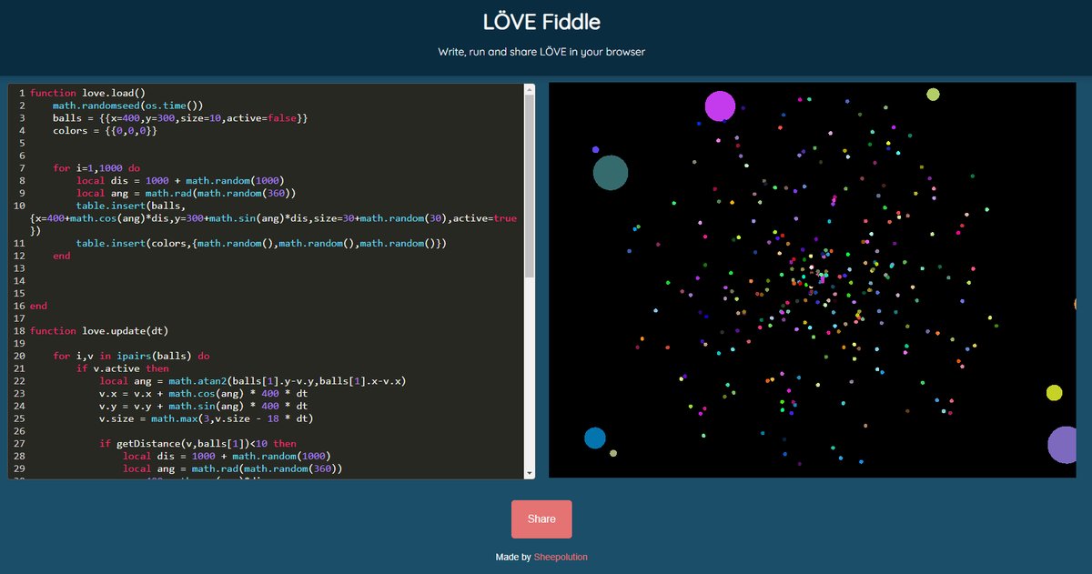 Sheepolution's tweet image. Made a LÖVE Fiddler - Write, run and share LÖVE in your browser.
sheepolution.com/love/?id=11596…
#love2d