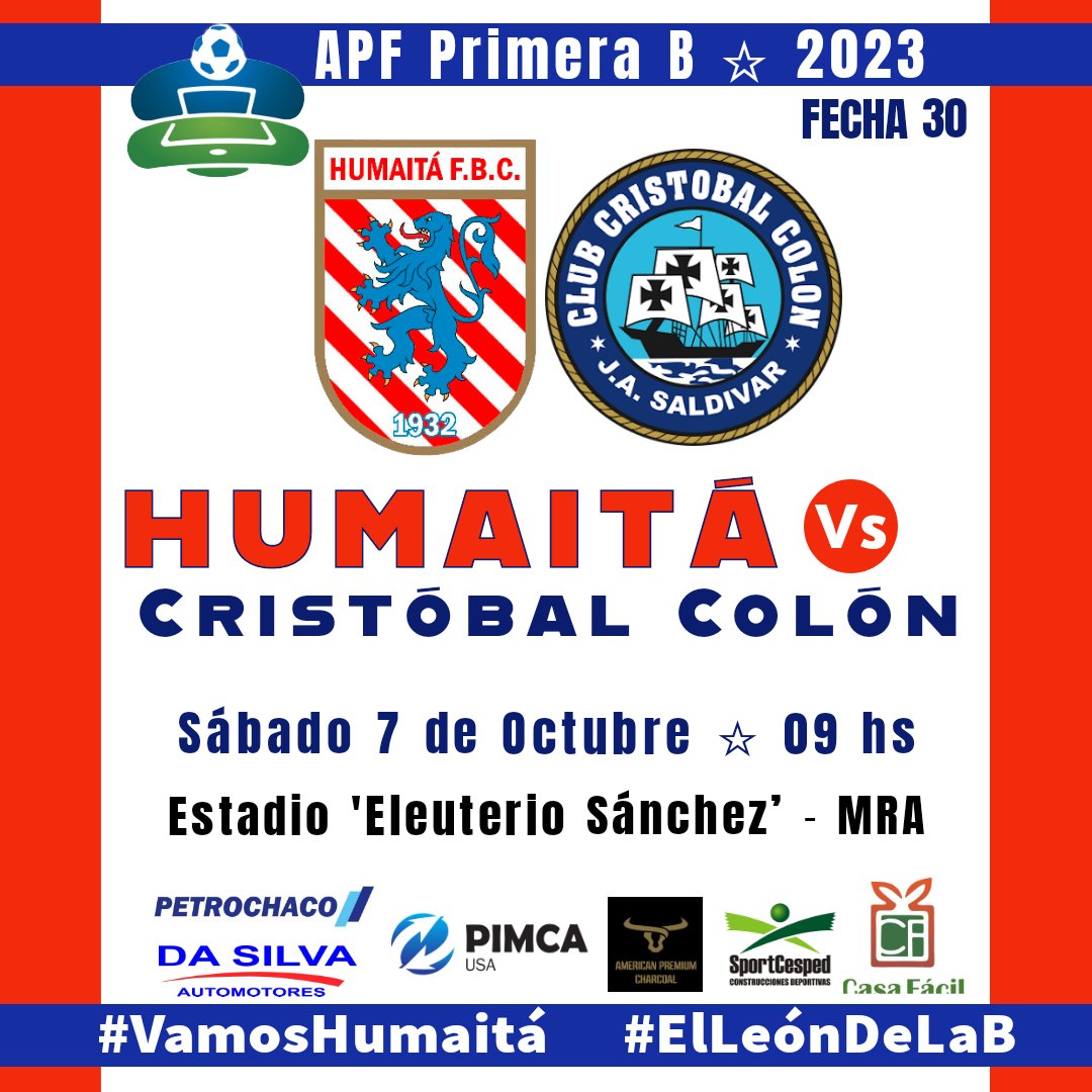 clubhumaita's tweet image. ▶️⚽️ PRÓXIMO PARTIDO | Por la #Fecha30 #APFPrimeraB2023 
Humaitá FBC entra en la recta final del campeonato. 💪🦁⚽️🇦🇹 

#HumaitáFBC 🆚️ #ColónJAS 

🗓 Sábado 07 de Octubre.
🕒 Reserva 07hs - Primera 09hs.
🏟 Estadio &quot;Eleuterio Sánchez&quot; - MRA. 

#VamosHumaitá 🇦🇹
#ElLeónDeLaB 🦁
