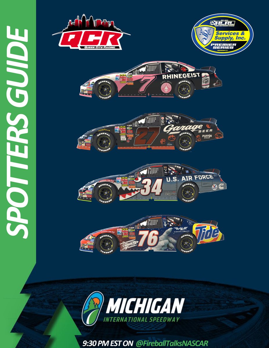 Tuning into tonight's <a href="/HLRL_iRacing/">High Line Racing League</a> action at Michigan? Want to know what your favorite QCR driver is looking like tonight? 

Then check out our Spotter's Guide for tonight! The stream starts at 9:30 PM EST on <a href="/FireTalksNASCAR/">FTN Broadcasting</a>.

#KingsoftheQueenCity