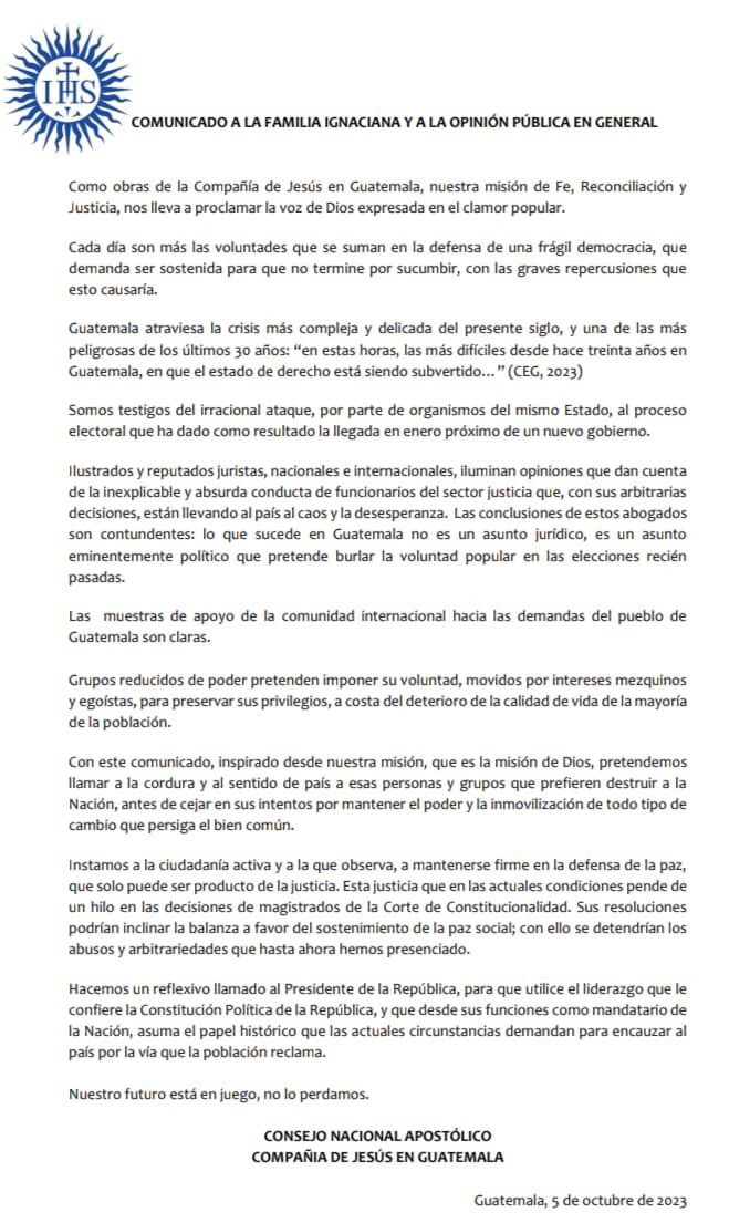 #Comunicado del Consejo Nacional Apostólico de la #CompañíaDeJesús en Guatemala