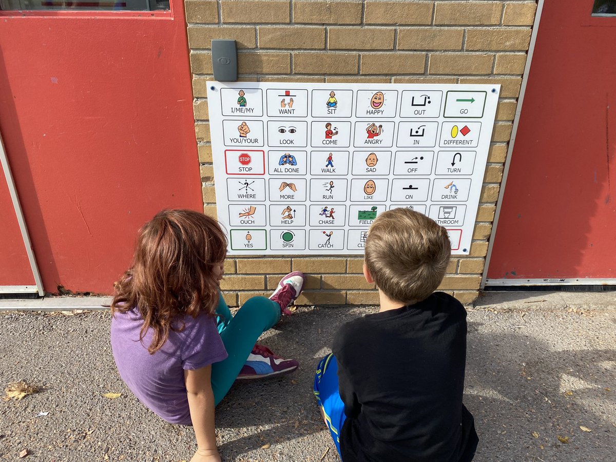 SELCook12's tweet photo. These 2/3 Eagles noticed something different in the school yard this morning! Check out our new visual vocabulary board! Helping all of our Eagles to have a voice! #StElizCath @SELResource https://t.co/lt1MvY9dqh