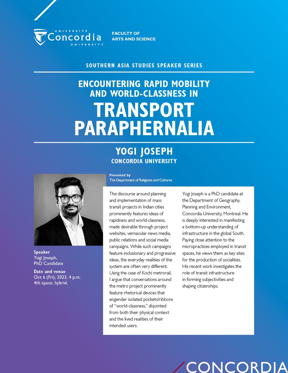 yogijoseph's tweet photo. Join me on Oct 6th (4 pm ET) at Concordia's 4th space, as I explore rapidness and world-classness in the context of conversations around the Kochi Metrorail project in India. 
Zoom (https://t.co/NDSTZ5ekhj)
YouTube (https://t.co/7JwgU11jA3).
More: https://t.co/SreQrZAIfc https://t.co/unK5cWty2B