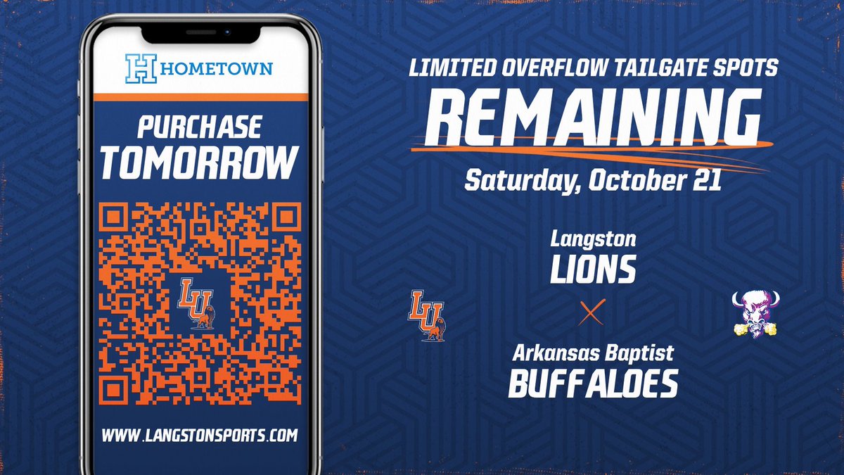 🚨 GET YOUR TAILGATE SPOTS TOMORROW 🚨

A limited number of tailgate spots will be available for purchase TOMORROW at noon in the OVERFLOW TAILGATE LOT!

Spots are $50 per spot. Each order is limited to a max amount of 6 spots. 

Visit langstonsports.com to purchase!
