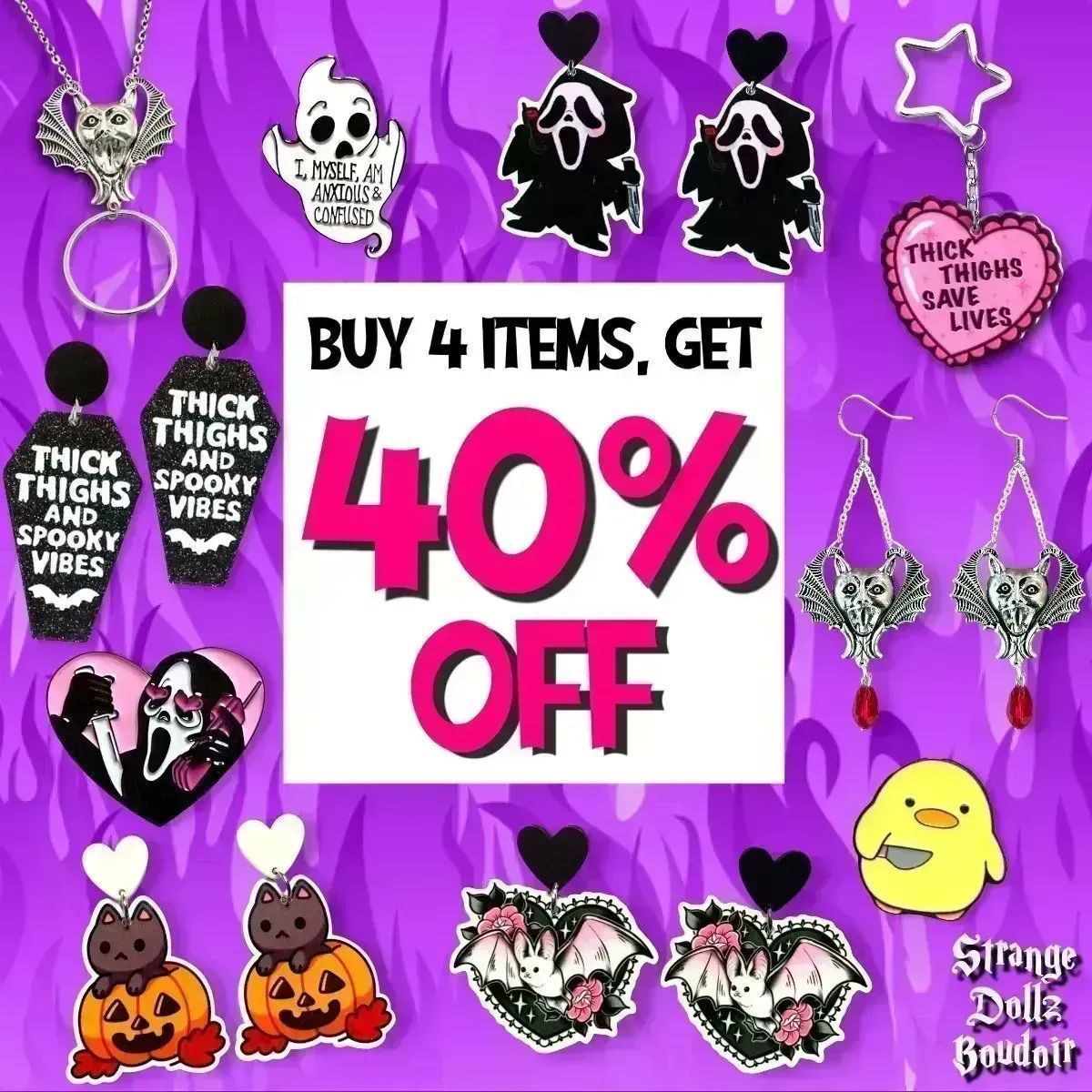 StrangeDollz's tweet photo. 🔥 BUY 4 ITEMS = GET 40% OFF ! Discount applies automatically at checkout: https://t.co/gYGtTgIWv8 +You can also add our items to your #Thronewishlist as we are a #ThronePartnerStore 👑🎁 #twitch #twitchtv #thronegifts #vtuber #goth #pastelgoth #halloween #discount #poupettekenza https://t.co/LjkrFgYtsn