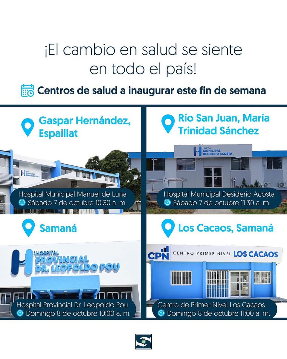 ¡El cambio en salud es indetenible! 

✅Este fin de semana entregaremos 4 obras que impactarán con salud de calidad a miles de dominicanos en las regiones <a href="/srsnorcentralrd/">srscibaonorte</a> y <a href="/SRSNordeste/">SRS Cibao Nordeste</a>. 

#SNSAvanza

<a href="/luisabinader/">Luis Abinader</a> <a href="/RaquelPenaVice/">Raquel Peña</a> <a href="/SNSRDO/">Servicio Nacional de Salud</a> <a href="/SaludPublicaRD/">Salud Pública RD</a> <a href="/Comunicaciondo/">ComunicacionesDO</a>