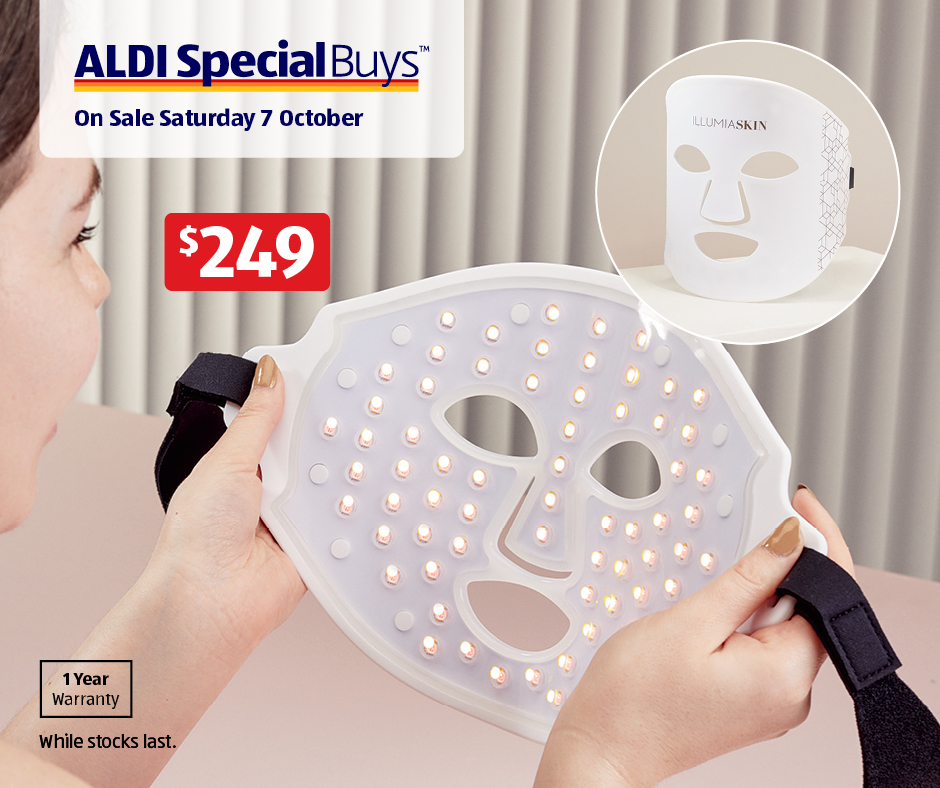 Say goodbye to redness and hello to balanced, glowing skin with our LED Light Therapy Face Mask. With 8 customizable light modes and treatments, it's your secret weapon for a radiant complexion. On sale this Saturday 7 October, to.aldi.in/3t7cFbH