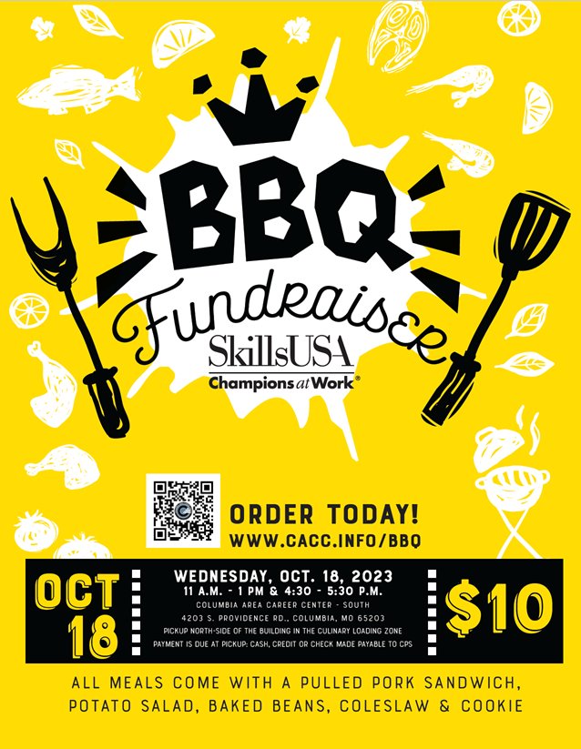 SkillsUSA BBQ Fundraiser Wednesday 10/18/23, lunch and dinner.
Pick up times 
11:00 am to 1:00 pm
and
4:30 pm to 5:30 pm
cacc.info/bbq